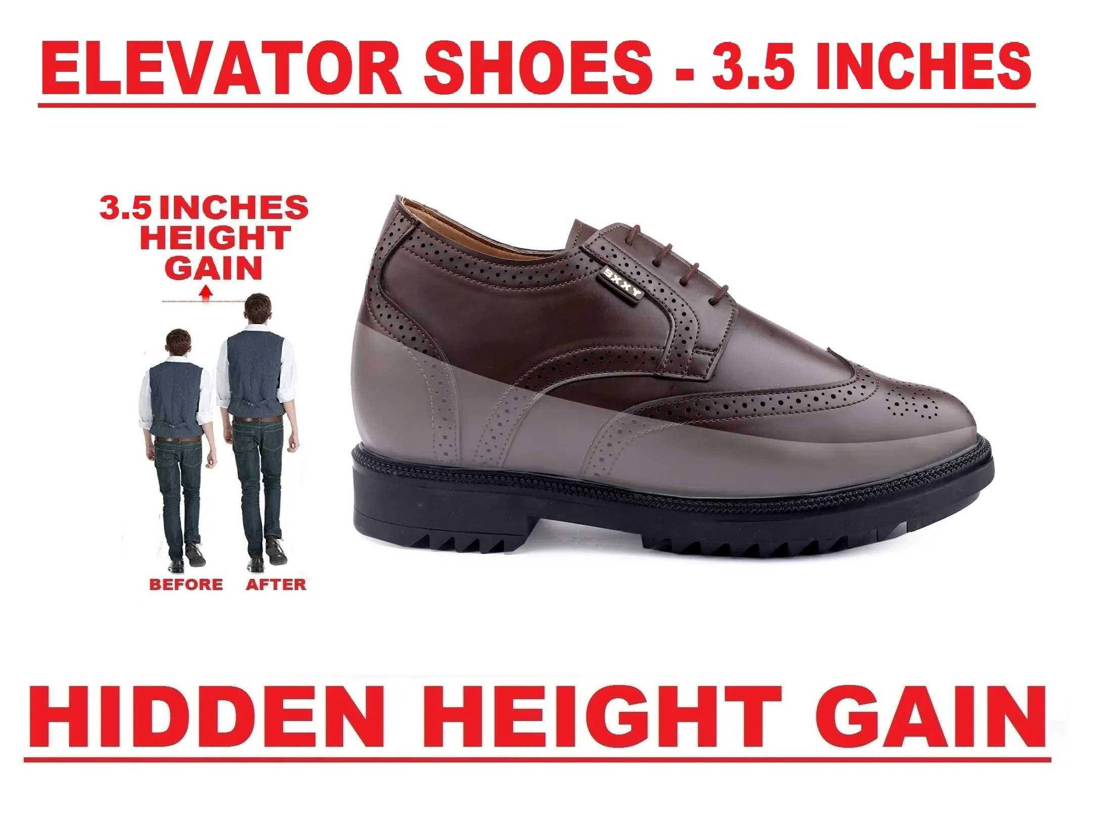 New Stylish Men's 3.5 inch Hidden Height Increasing Luxe Brogue Lace-up Shoes