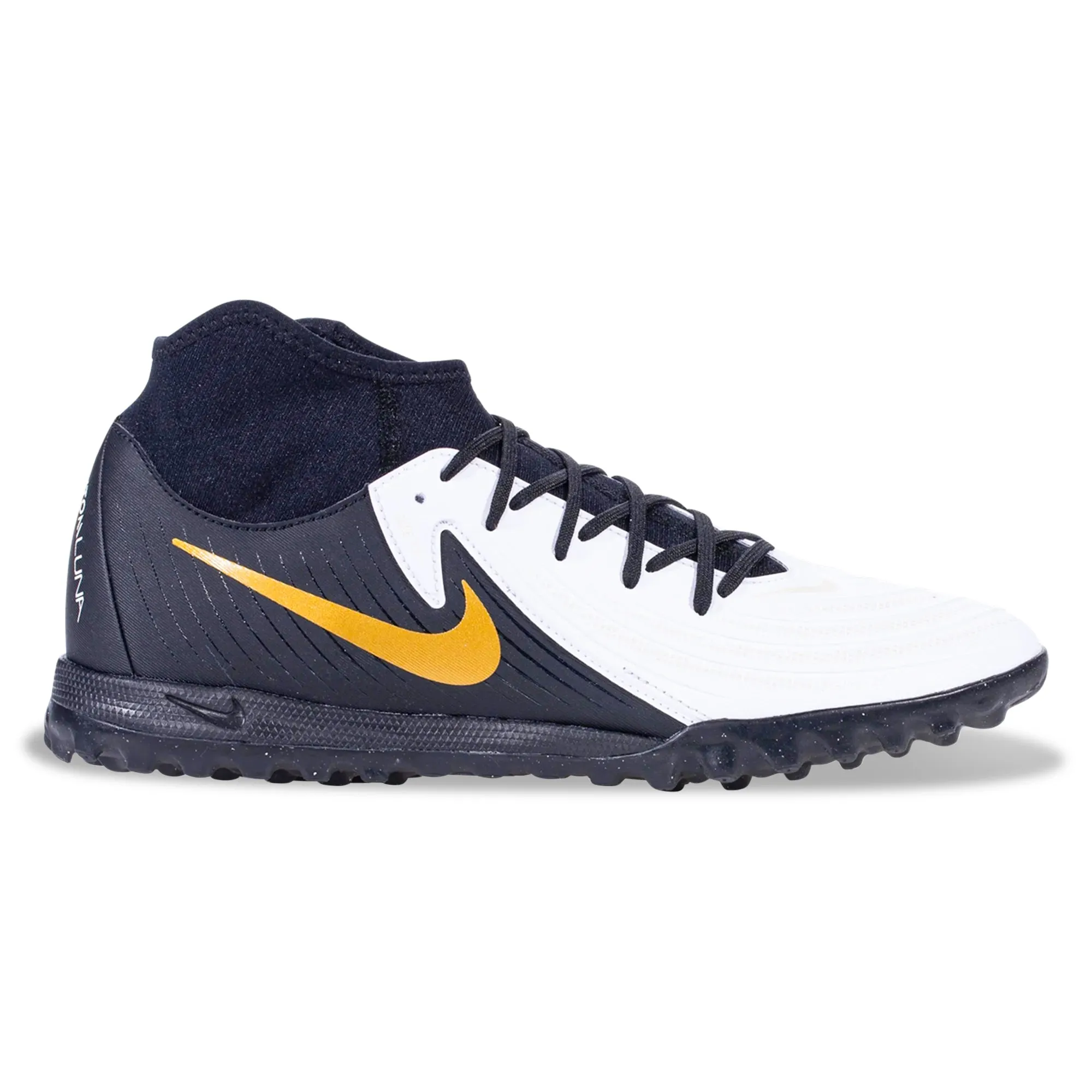 Nike Phantom Luna II Academy Turf Soccer Shoes (White/Black/Metallic Gold Coin)