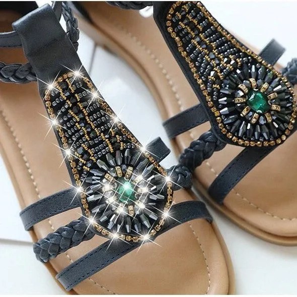 OCW Bohemia Rhinestone Sandals For Women Beach Summer Soft Leather