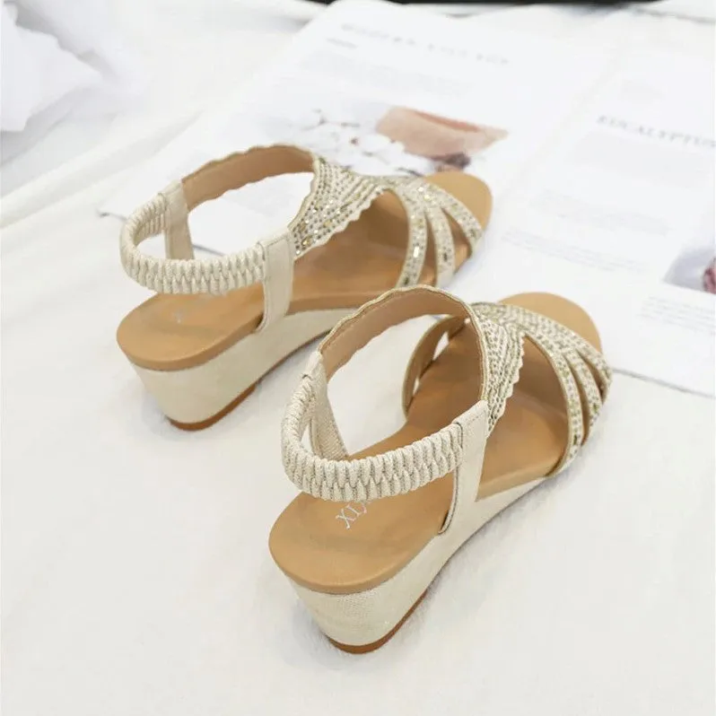 OCW Rhinestone Sandals For Women High Heel Soft Leather Crystal