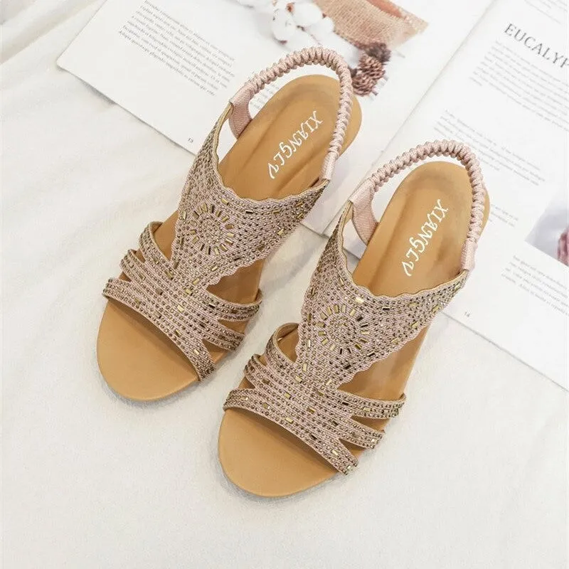 OCW Rhinestone Sandals For Women High Heel Soft Leather Crystal