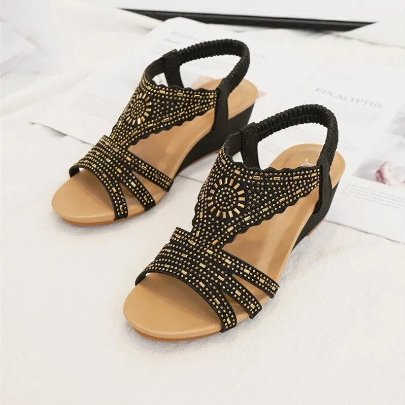 OCW Rhinestone Sandals For Women High Heel Soft Leather Crystal