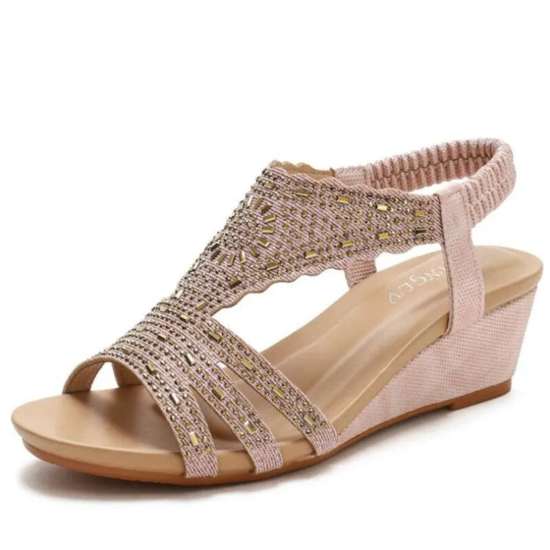 OCW Rhinestone Sandals For Women High Heel Soft Leather Crystal