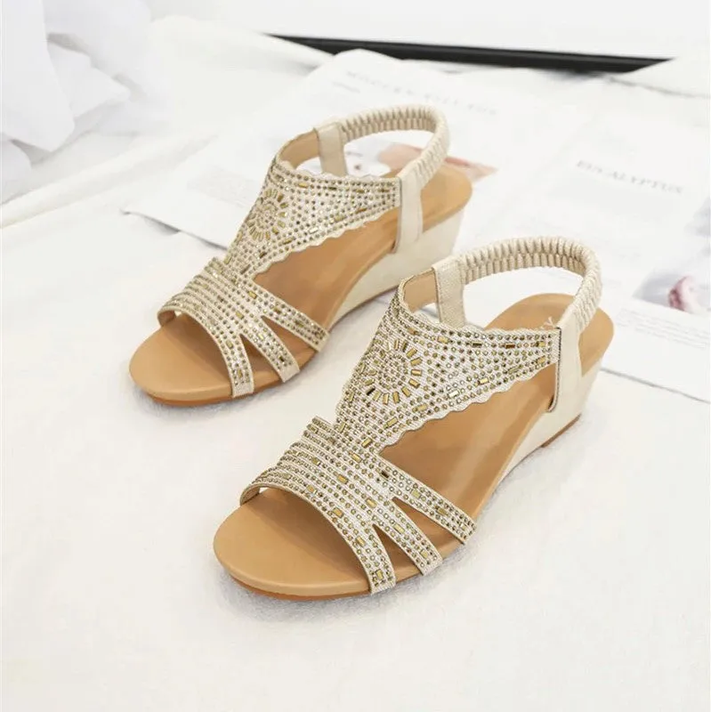 OCW Rhinestone Sandals For Women High Heel Soft Leather Crystal