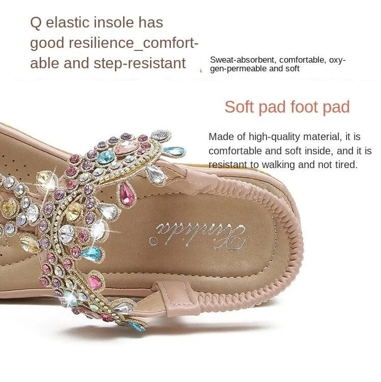 OCW Summer Round Toe Sandals For Women Soft Rhinestone Roman Crystal Platform