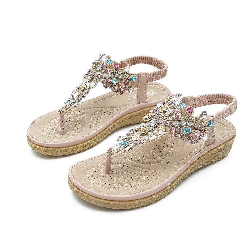 OCW Summer Round Toe Sandals For Women Soft Rhinestone Roman Crystal Platform