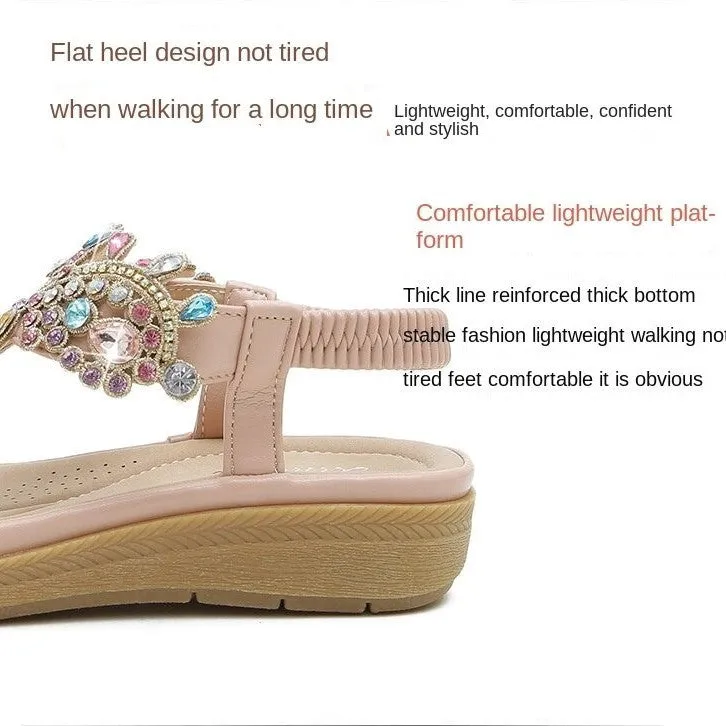 OCW Summer Round Toe Sandals For Women Soft Rhinestone Roman Crystal Platform