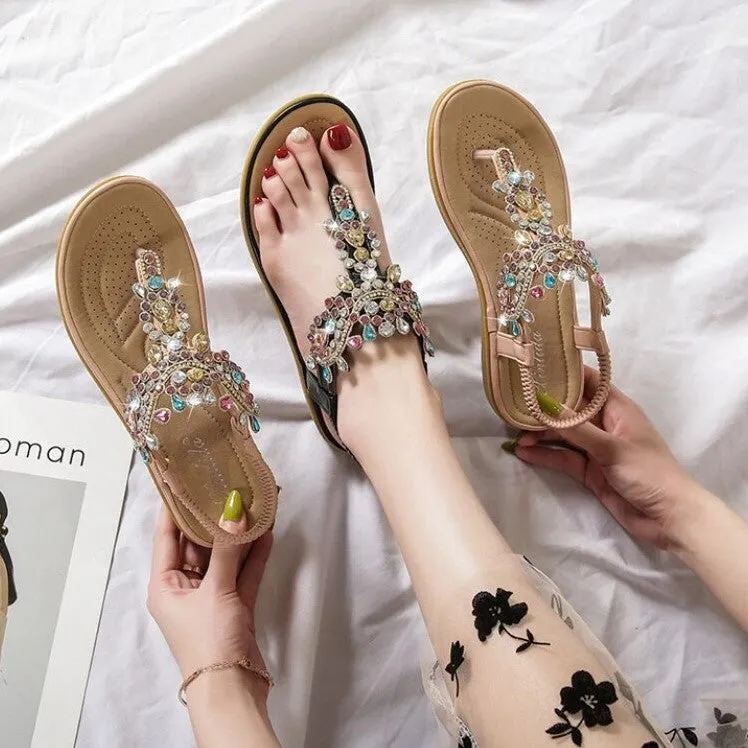 OCW Summer Round Toe Sandals For Women Soft Rhinestone Roman Crystal Platform