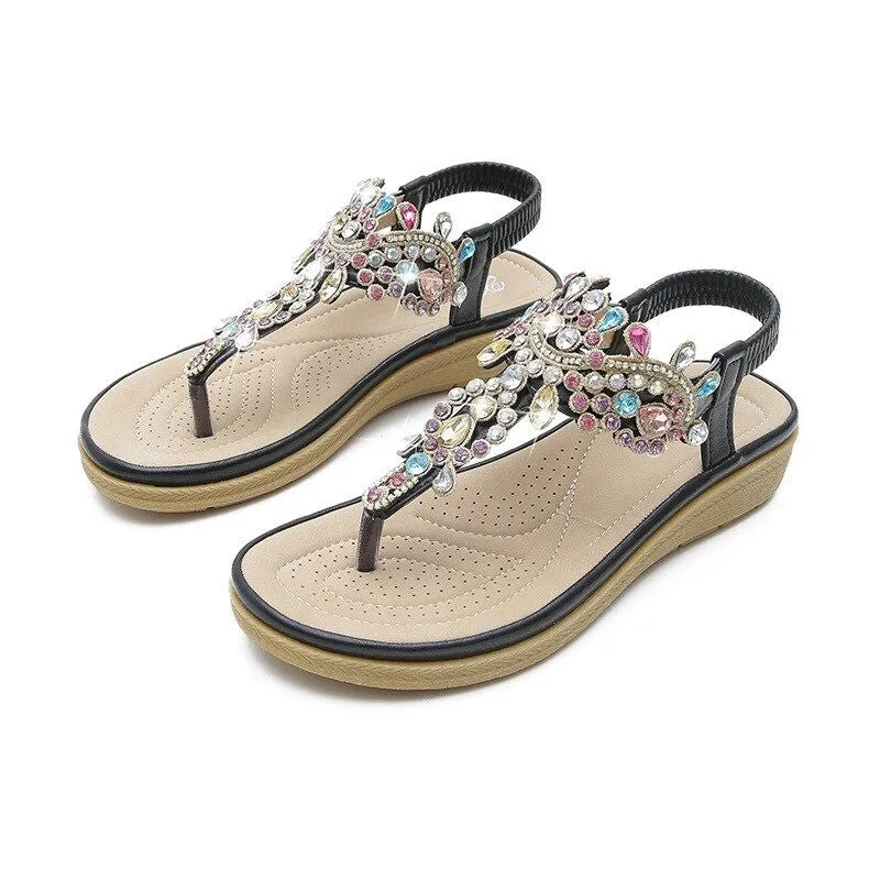 OCW Summer Round Toe Sandals For Women Soft Rhinestone Roman Crystal Platform