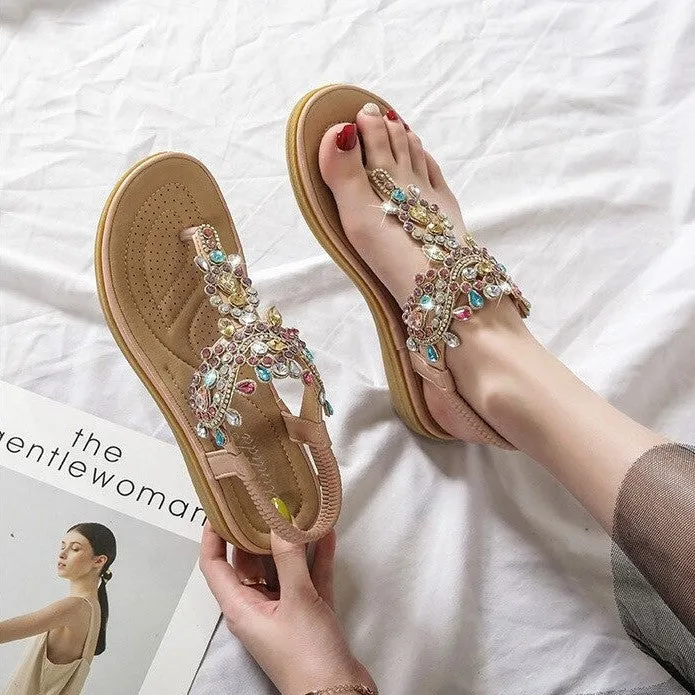 OCW Summer Round Toe Sandals For Women Soft Rhinestone Roman Crystal Platform