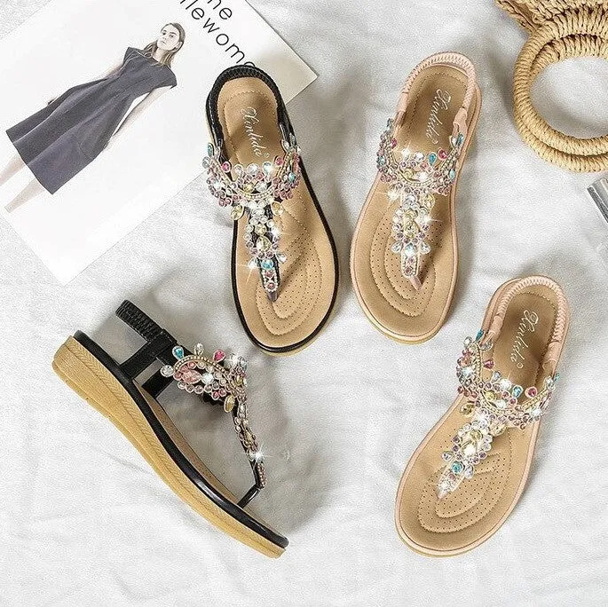 OCW Summer Round Toe Sandals For Women Soft Rhinestone Roman Crystal Platform