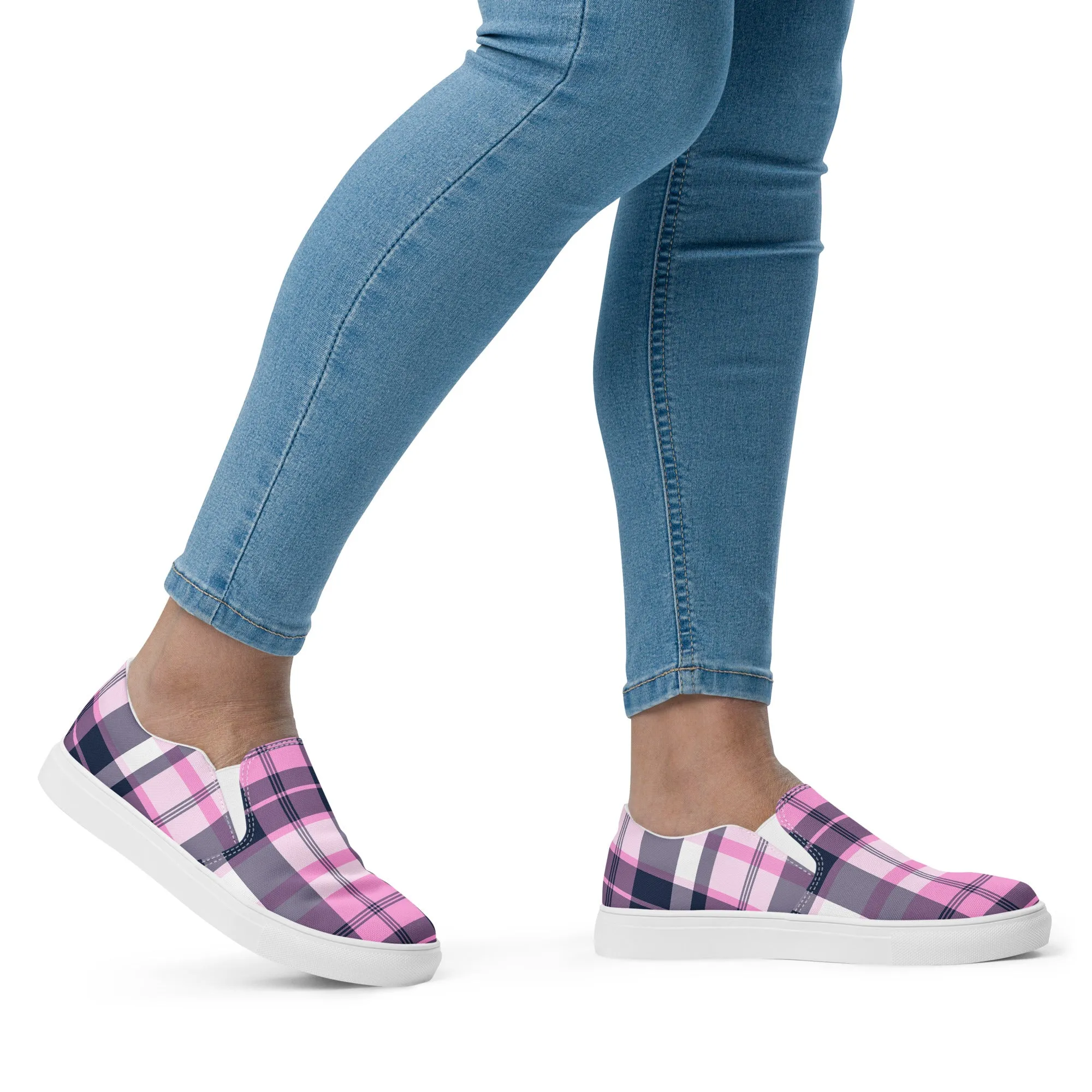 Pink and Navy Blue Preppy Surfer Plaid Women's Slip On Canvas Shoes