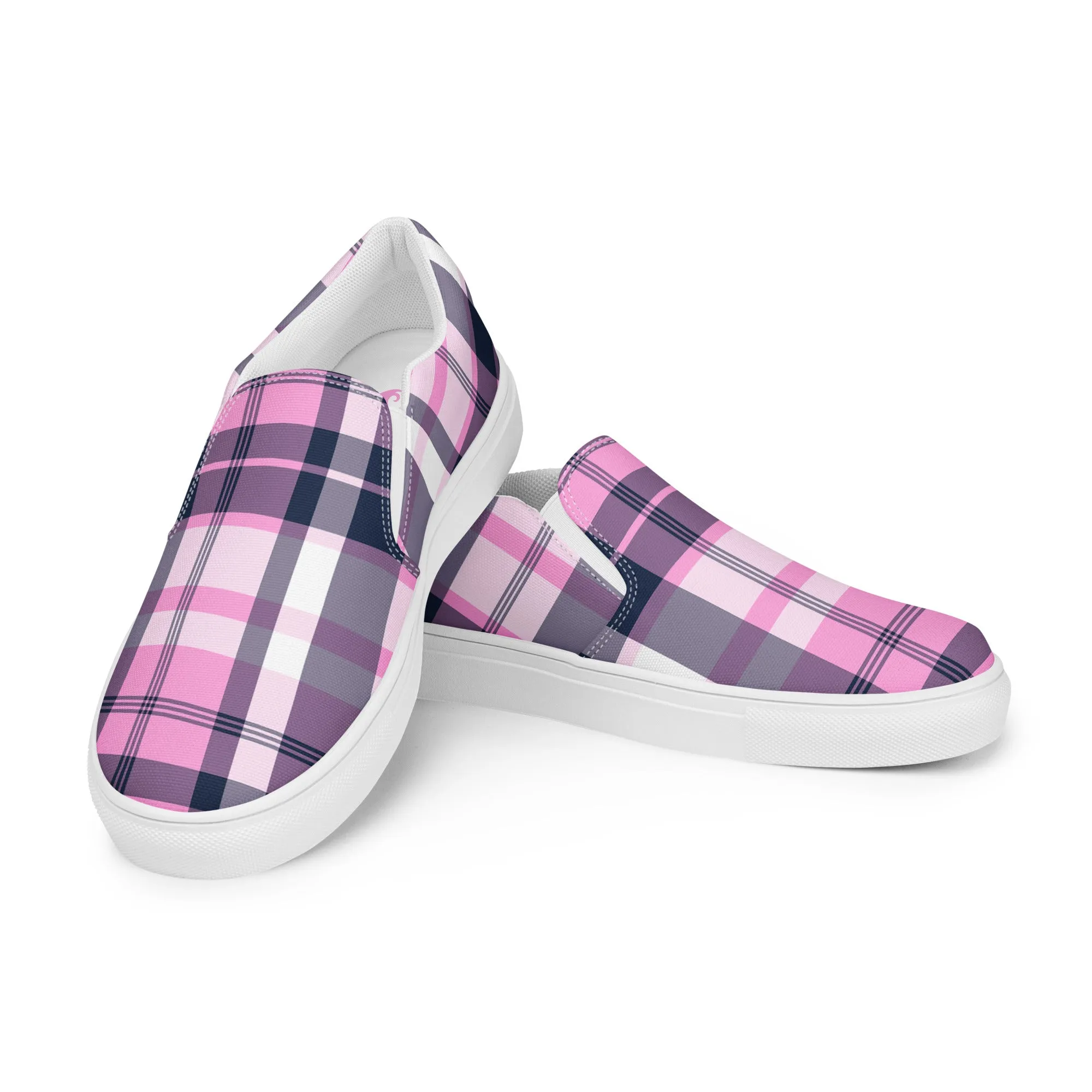 Pink and Navy Blue Preppy Surfer Plaid Women's Slip On Canvas Shoes