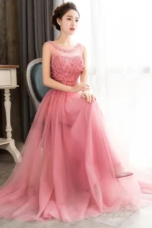 Pink Sleeveless Prom Dress with Flowers, A Line Floor Length Tulle Evening Dress UQ1775