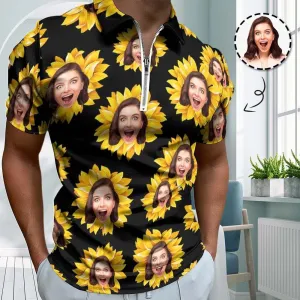 #Plus-Size Custom Face Sunflower Men's Short Sleeve Polo Shirt Personalized Zipper All Over Print Golf Shirt