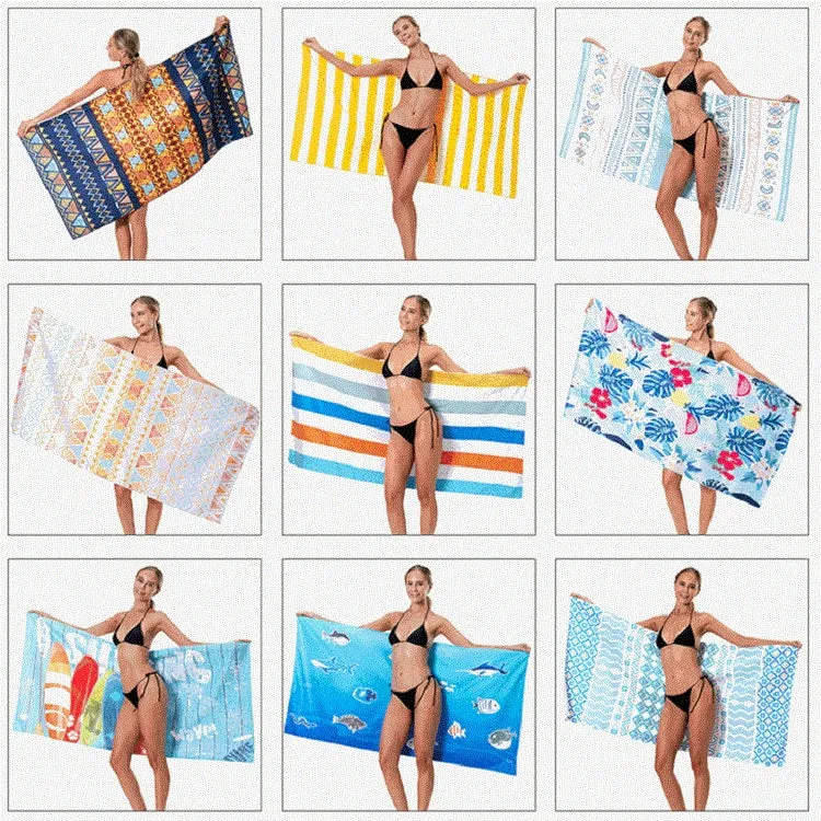 Printed Solid Color Beach Vacation Swimming Bath Towel Beach Towel, Color: Rainbow Stripe(Round Mesh Bag)