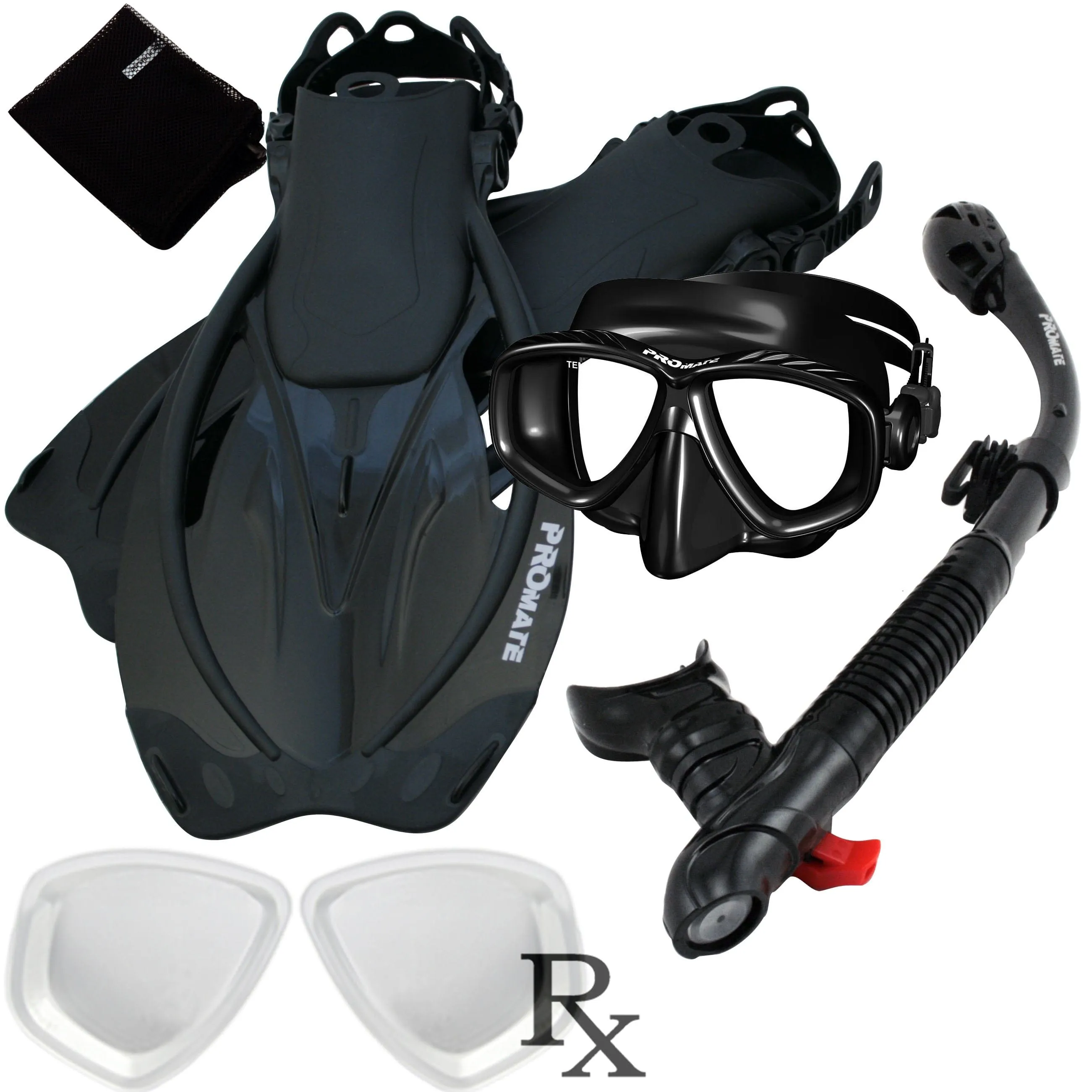 Promate Prescription PURGE Mask Dry Snorkel Fins Bag Snorkeling Gear Set - SCS0097 RX