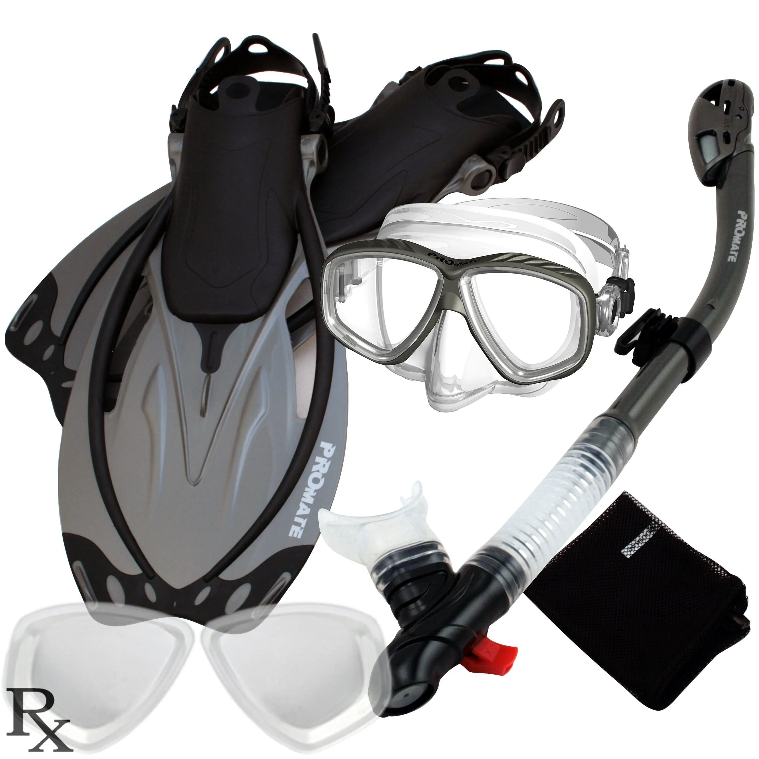 Promate Prescription PURGE Mask Dry Snorkel Fins Bag Snorkeling Gear Set - SCS0097 RX