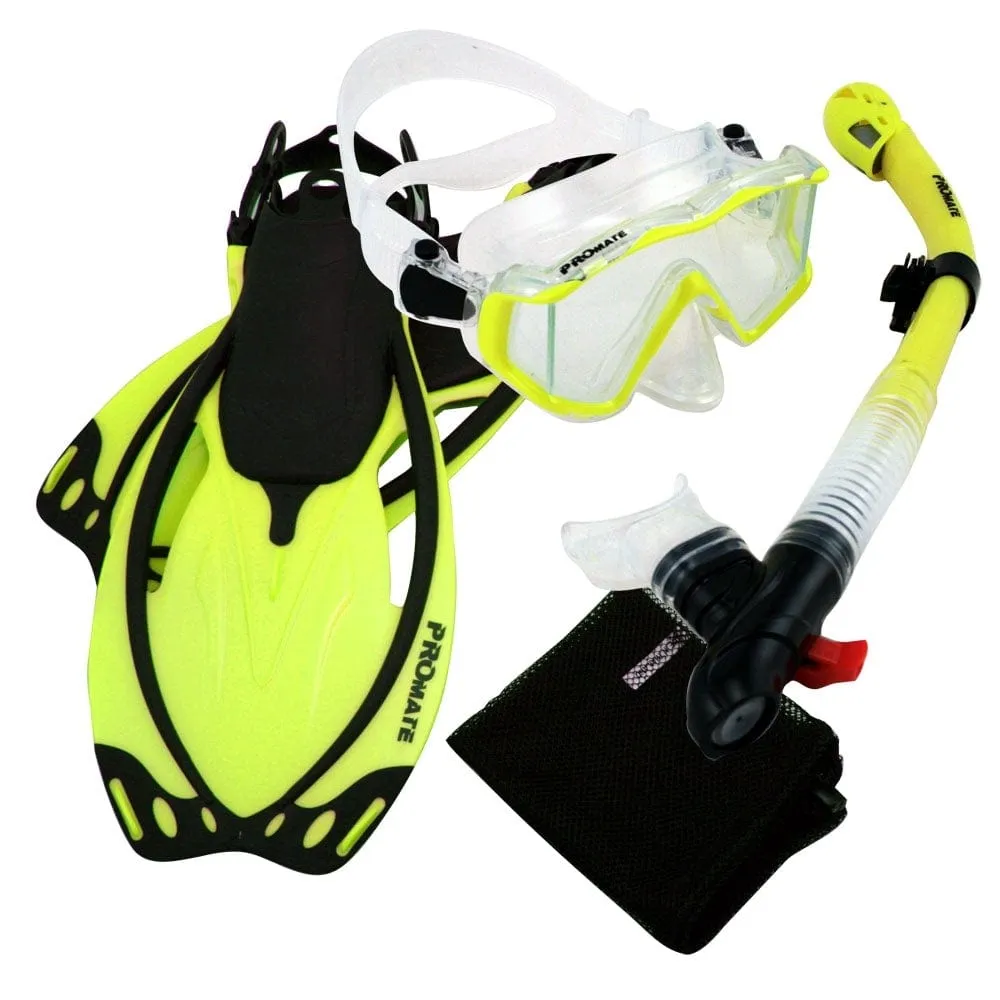 PROMATE Snorkeling Scuba Dive Panoramic PURGE Mask Dry Snorkel Fins Gear Set - SCS0092