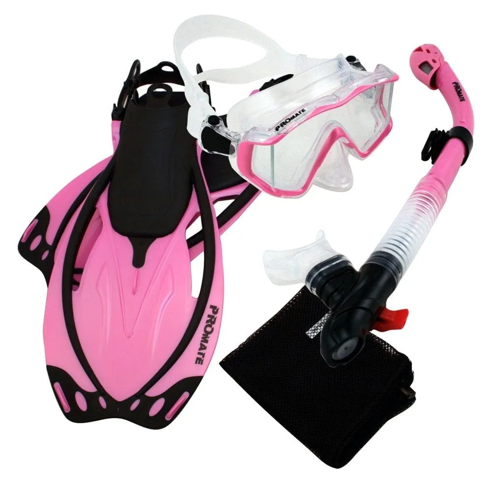 PROMATE Snorkeling Scuba Dive Panoramic PURGE Mask Dry Snorkel Fins Gear Set - SCS0092