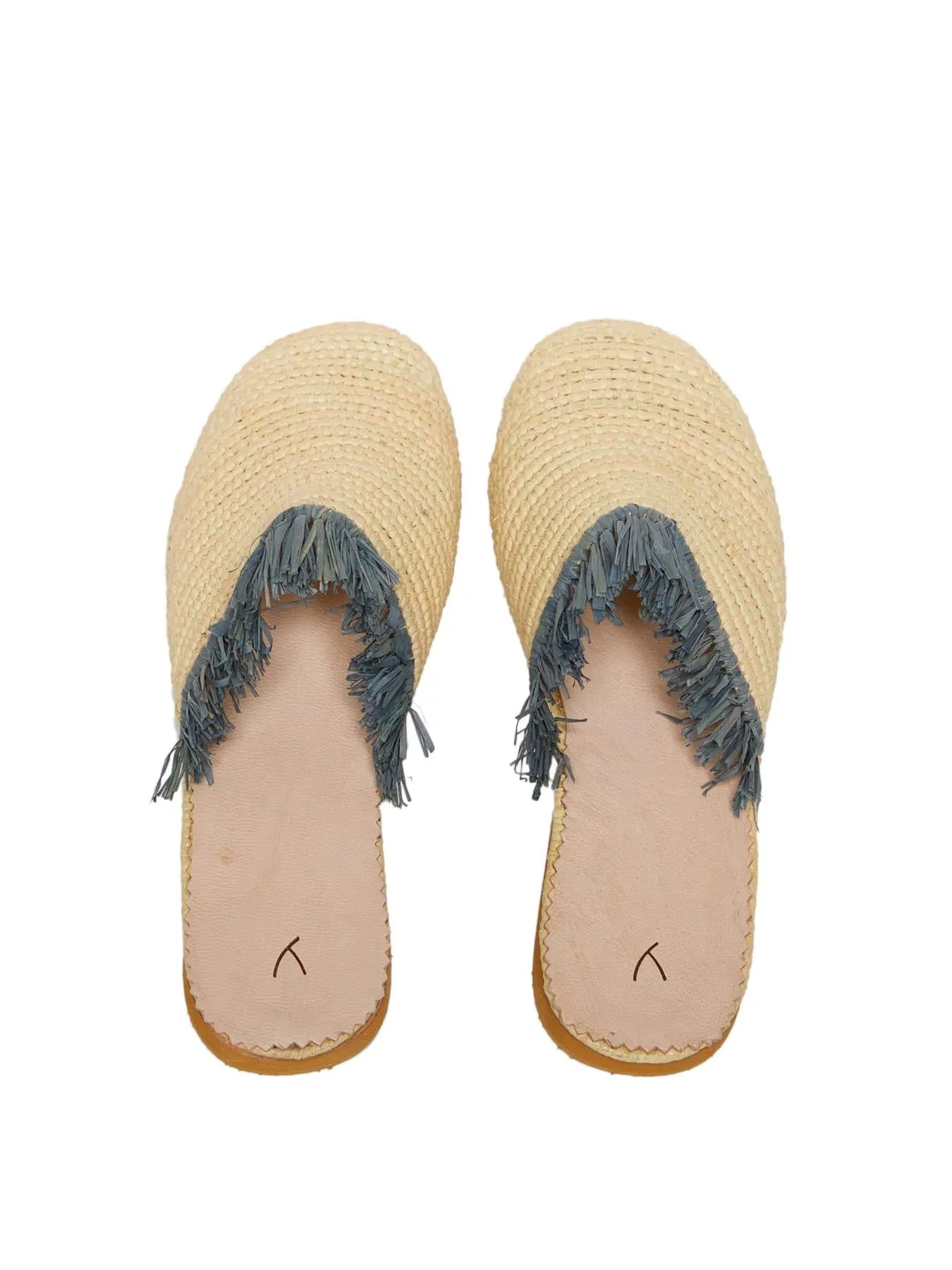 Raffia Slippers with Fringes, Beige and Grey