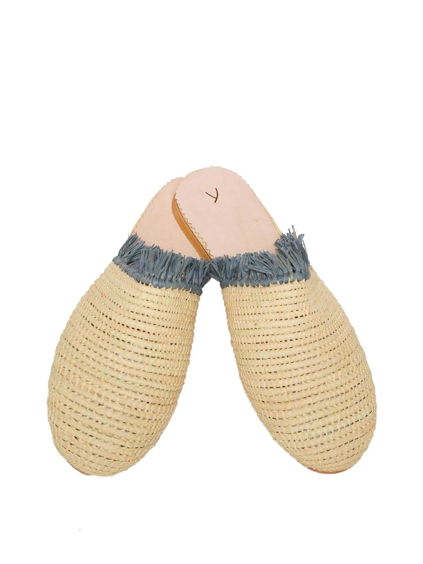 Raffia Slippers with Fringes, Beige and Grey