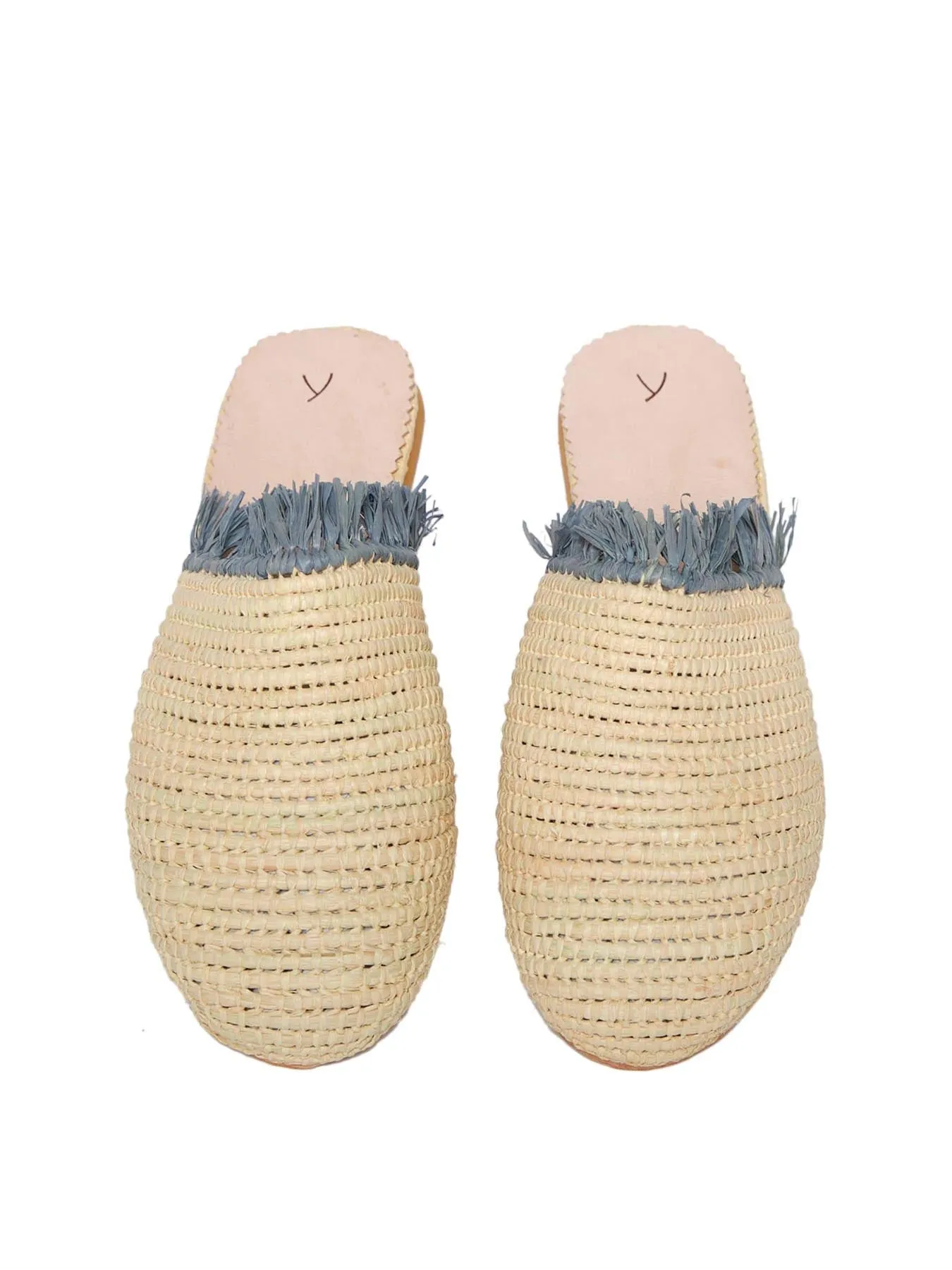 Raffia Slippers with Fringes, Beige and Grey