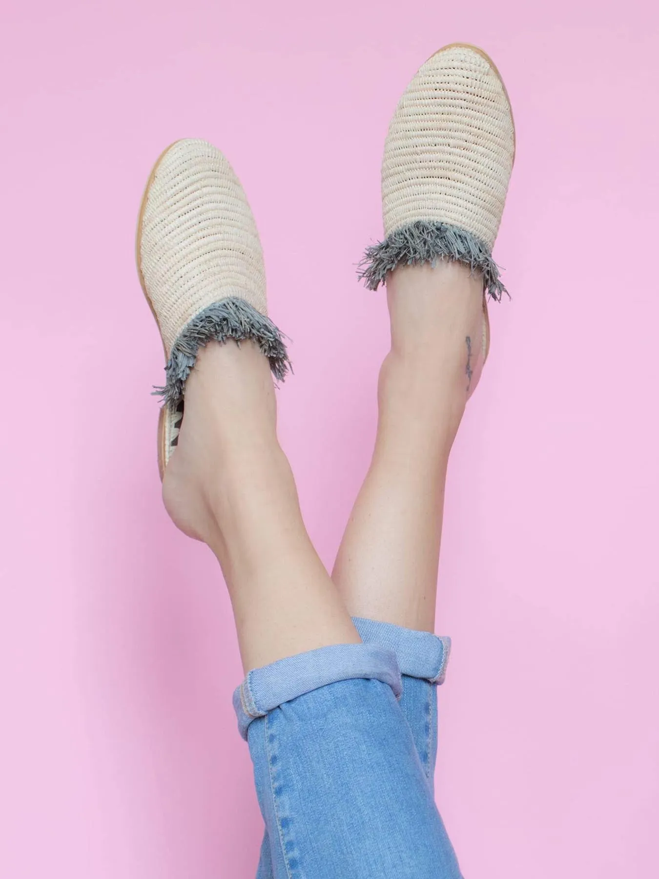 Raffia Slippers with Fringes, Beige and Grey