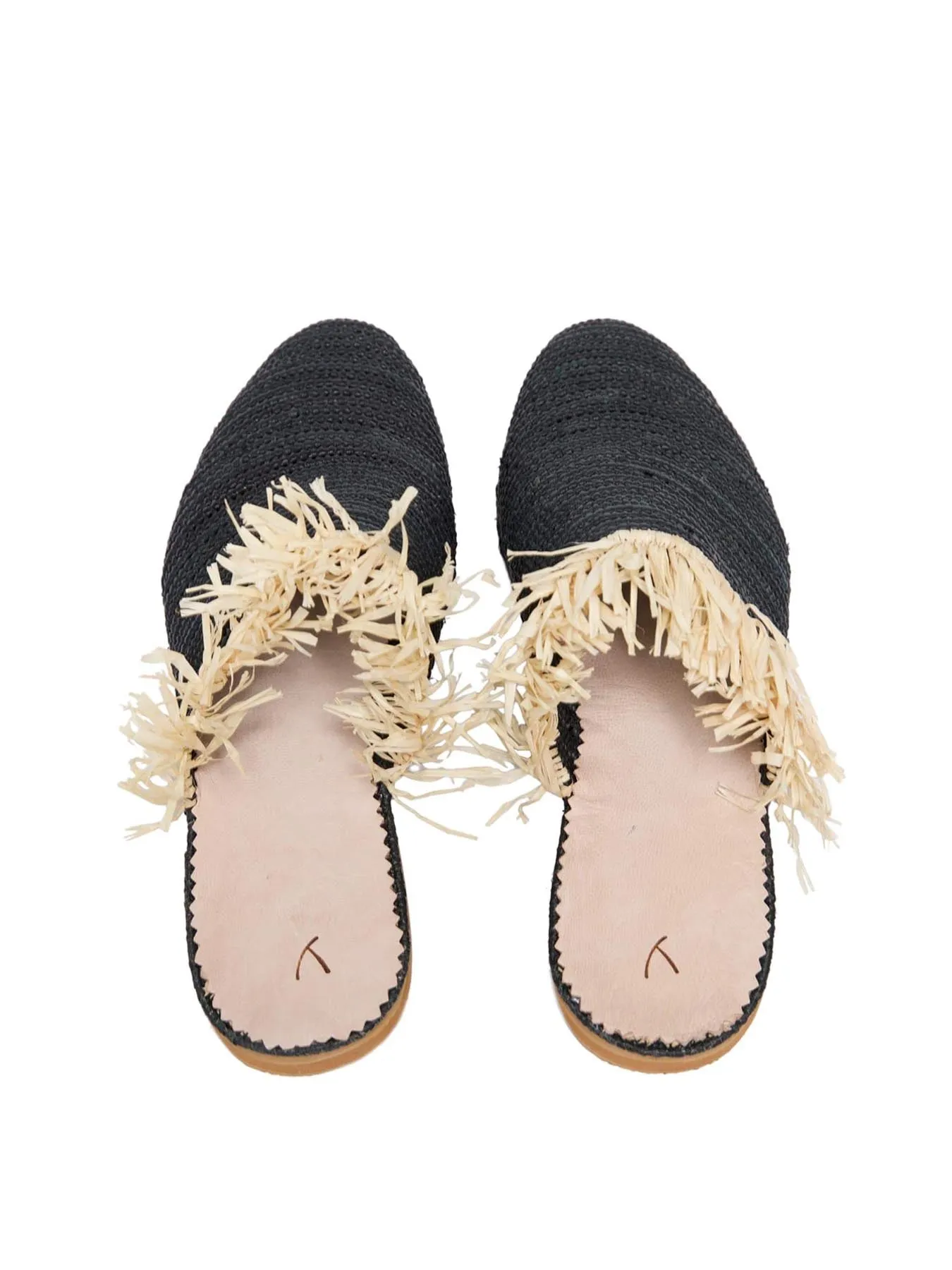 Raffia Slippers with Fringes, Black and Beige