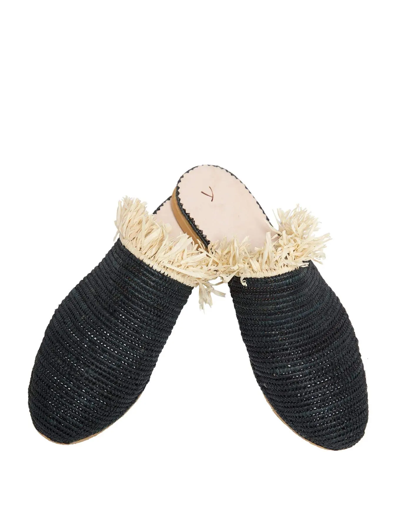 Raffia Slippers with Fringes, Black and Beige