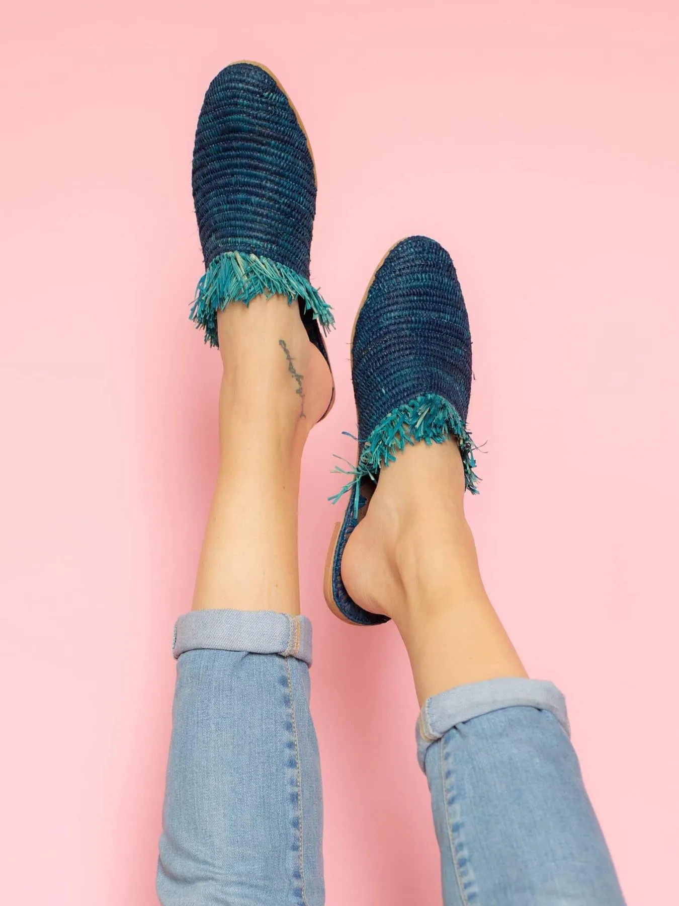 Raffia Slippers with Fringes, Blue and Turquoise