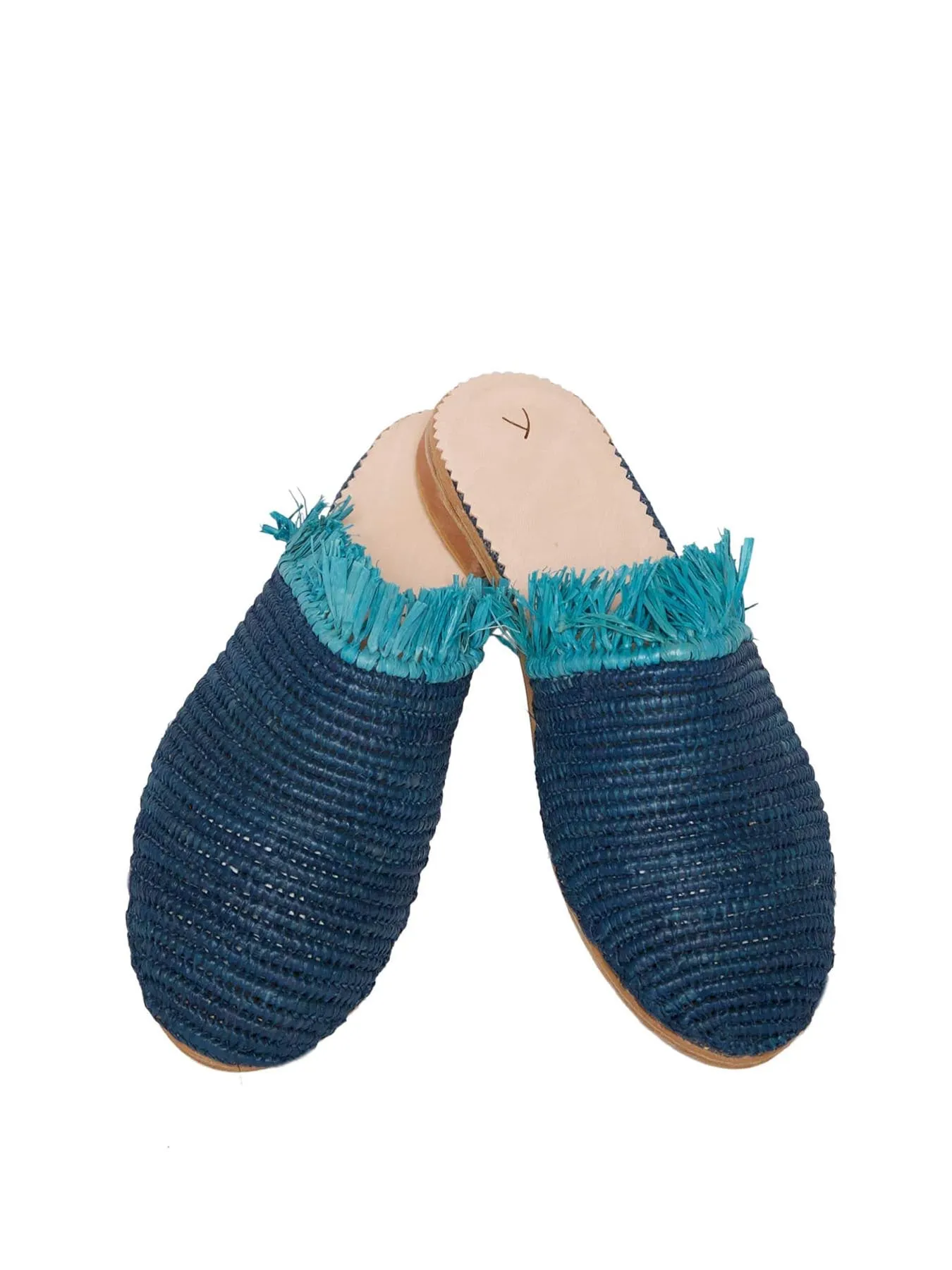 Raffia Slippers with Fringes, Blue and Turquoise