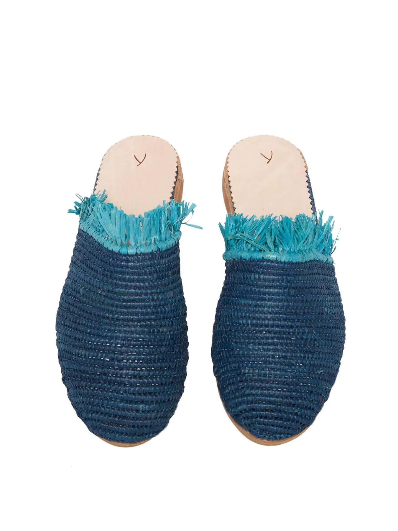 Raffia Slippers with Fringes, Blue and Turquoise