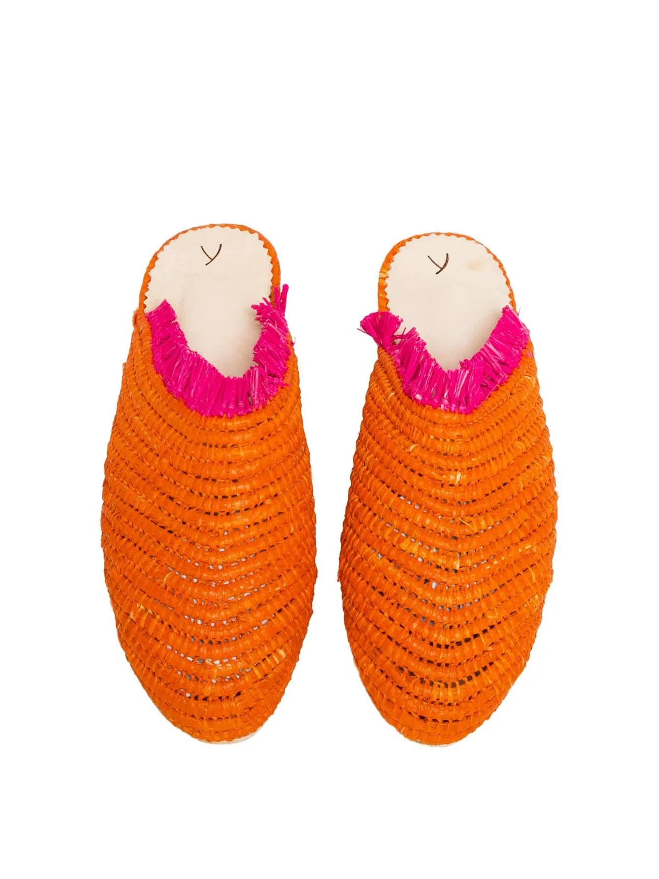 Raffia Slippers with Fringes, Orange and Pink