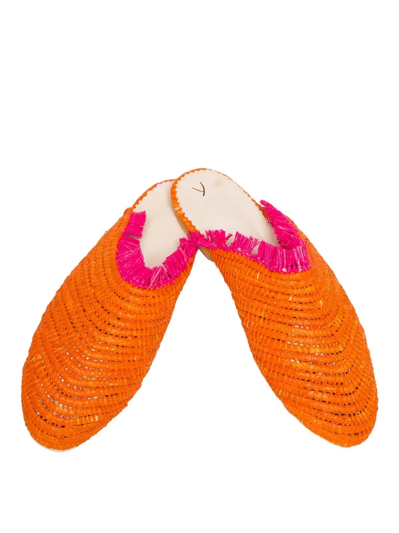 Raffia Slippers with Fringes, Orange and Pink