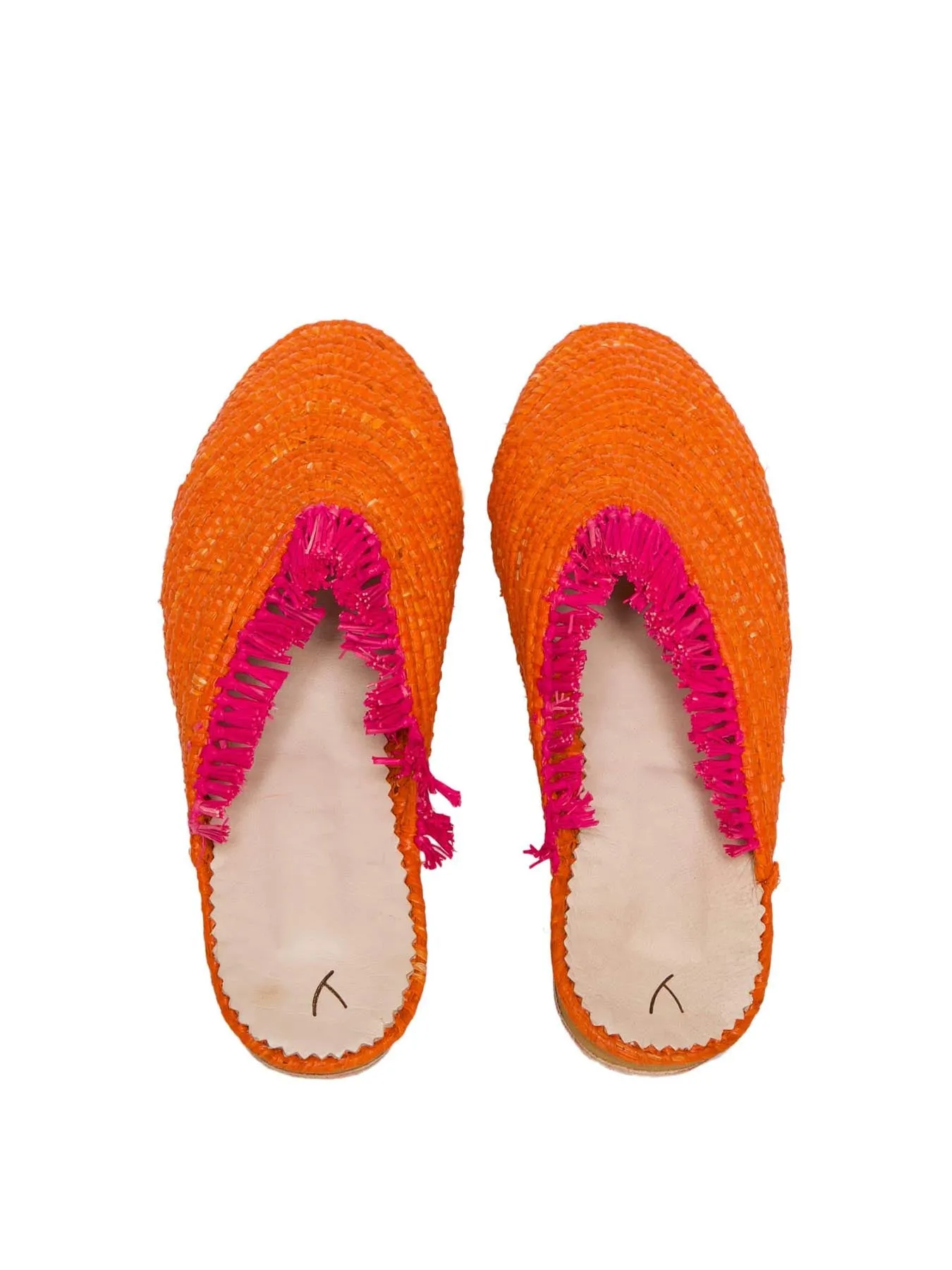 Raffia Slippers with Fringes, Orange and Pink