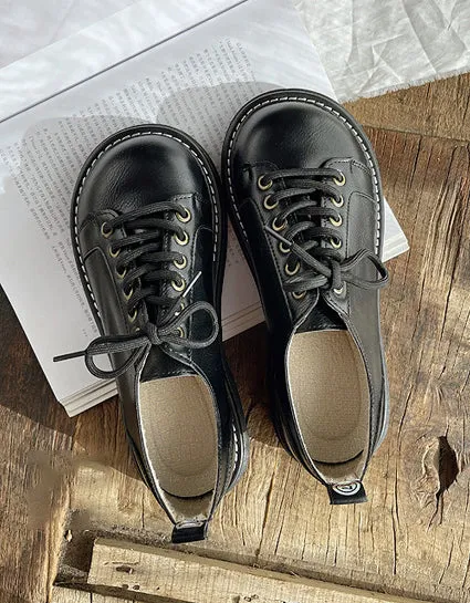 Round Toe Thick Lace Up Retro Leather Shoes