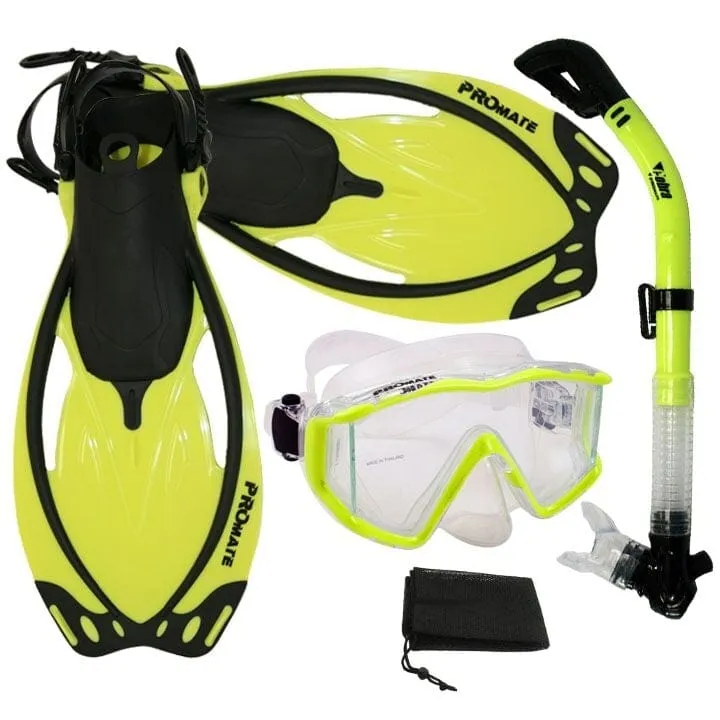 Snorkeling Scuba Dive Panoramic Mask Dry Snorkel Fins Gear Set - SCS0082