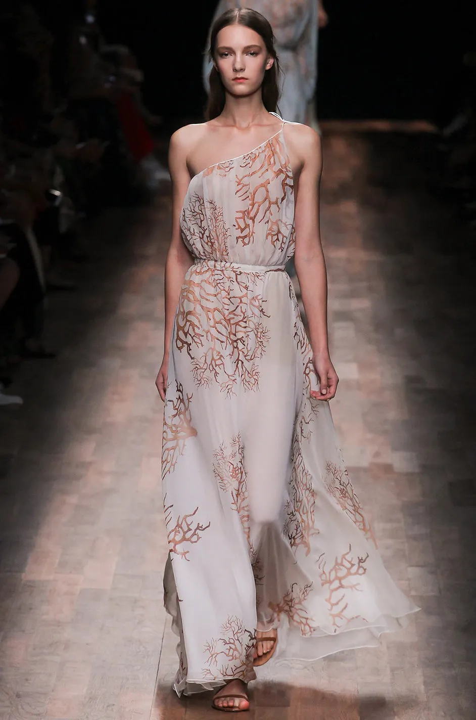 Spring 2015 Valentino Runway & Ad Campaign Coral Printed Silk Chiffon One Shoulder Dress