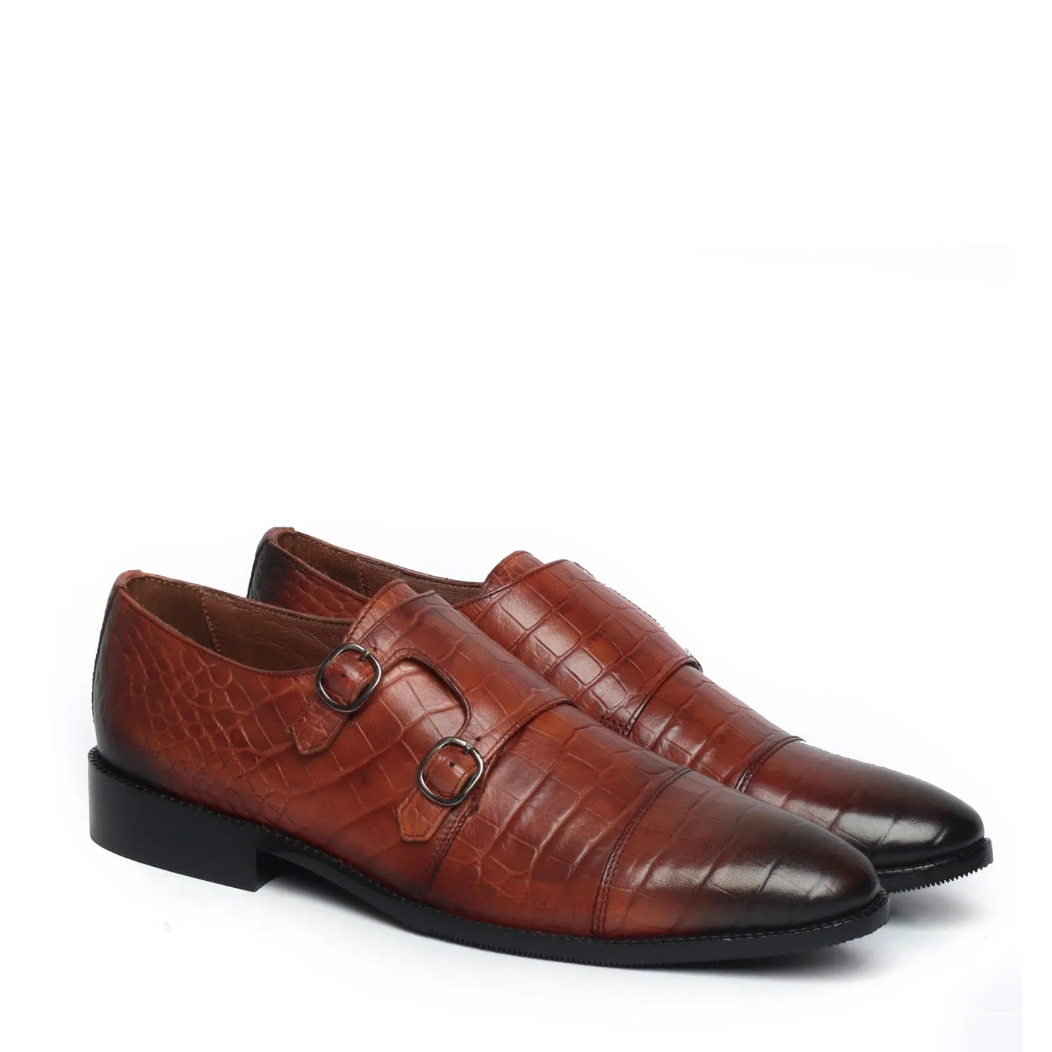 Tan Genuine Leather Monk Shoes By Brune