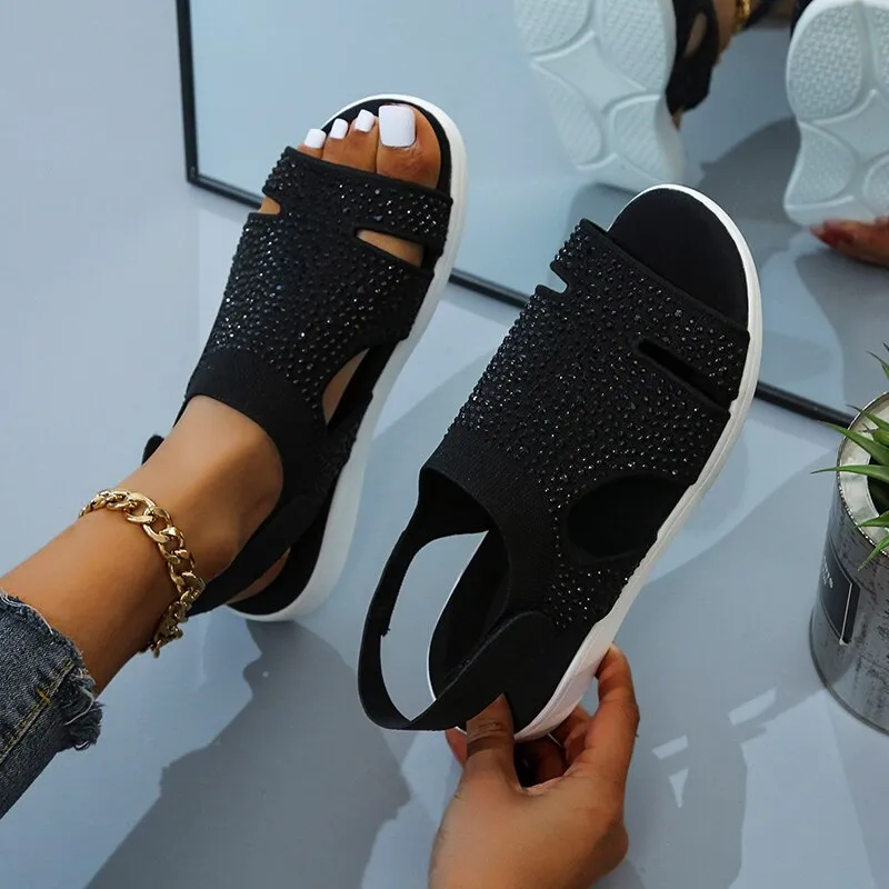 Wenkouban 2023 New Summer Women Sandals Sexy Shoes Crystal Casual Woman Flats Buckle Strap Ladies Fashion Beach Sandalias  Mujer