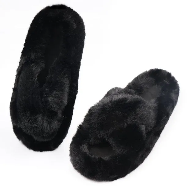 Women's Fuzzy Slippers Cross Band Open Toe House Shoes