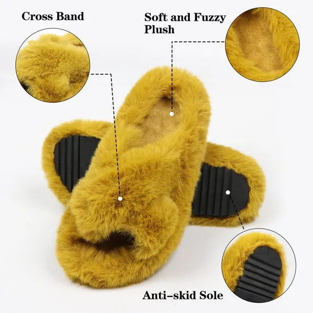 Women's Fuzzy Slippers Cross Band Open Toe House Shoes