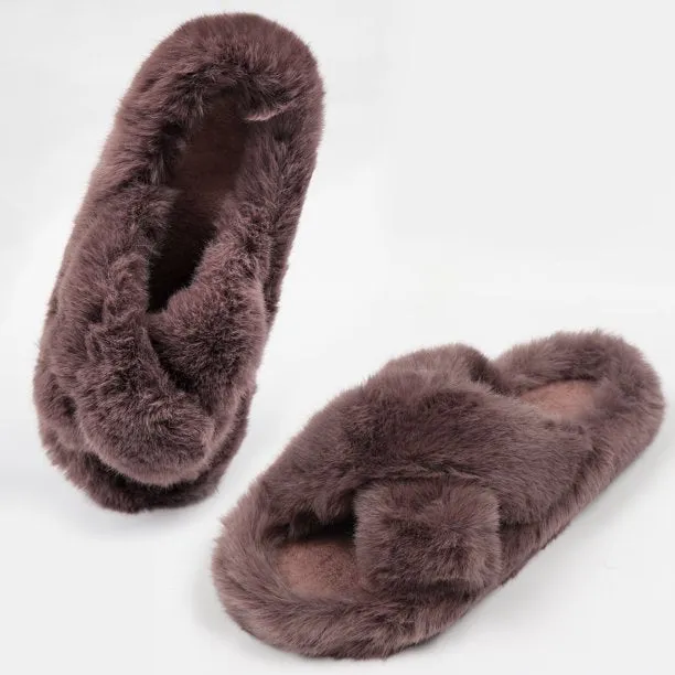 Women's Fuzzy Slippers Cross Band Open Toe House Shoes