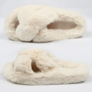 Women's Fuzzy Slippers Cross Band Open Toe House Shoes